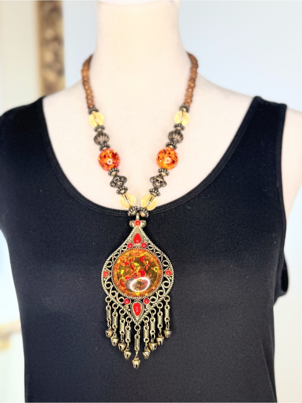 LD Boho Amber Red Enamel Statement Pendant Necklace Wood Beads Fringe